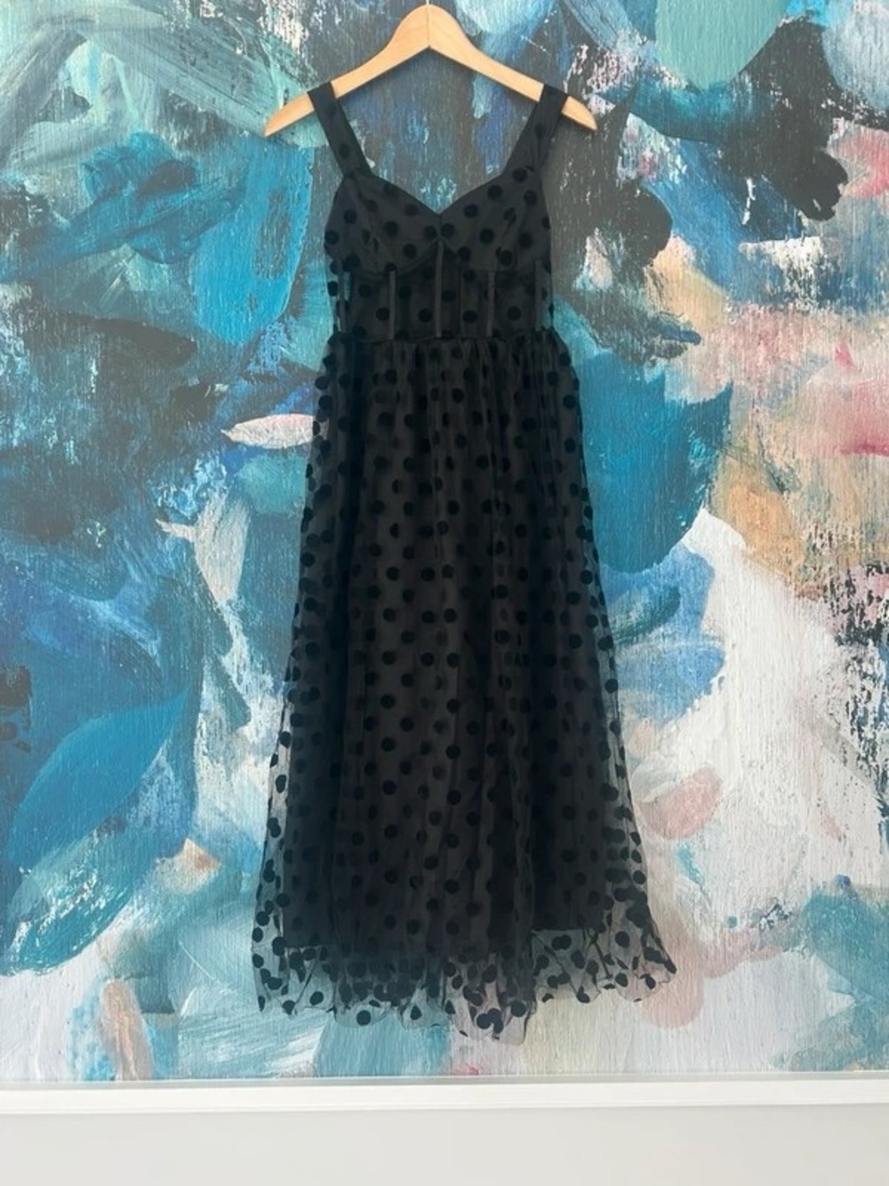 Black Polka Dot Midi Dress with Tulle Overlay